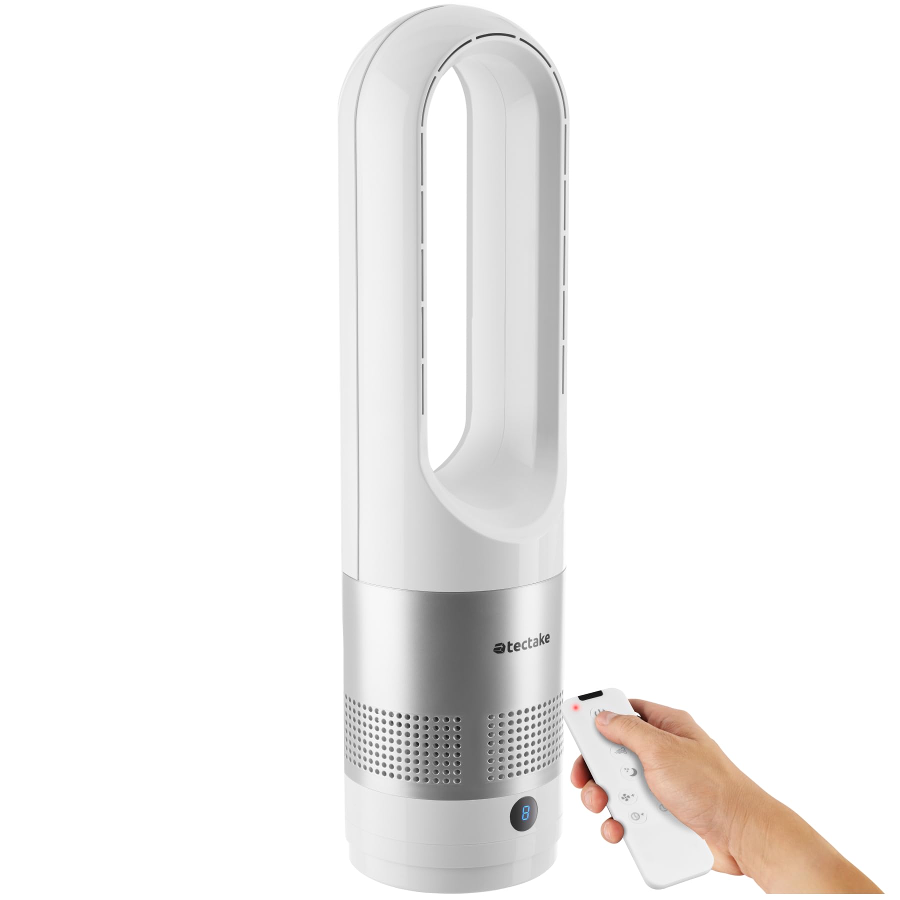 tectake® Ventilatore a Torre Silenzioso, Ventilatore Portatile a Piantana Senza Pale, 8 Velocità, Oscillazione 80°, Timer Regolabile, Pannello Touch LED, Telecomando, Per Casa e Ufficio - Bianco