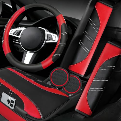 NBTEPEM 6 Pcs Red Car Accessories Set Sport Leather Steering Wheel Cover 14.5-15inch Universal Microfiber Leather Car Center Console Cover Seat Belt Cushion Cup Holder Coaster (Black-Red)