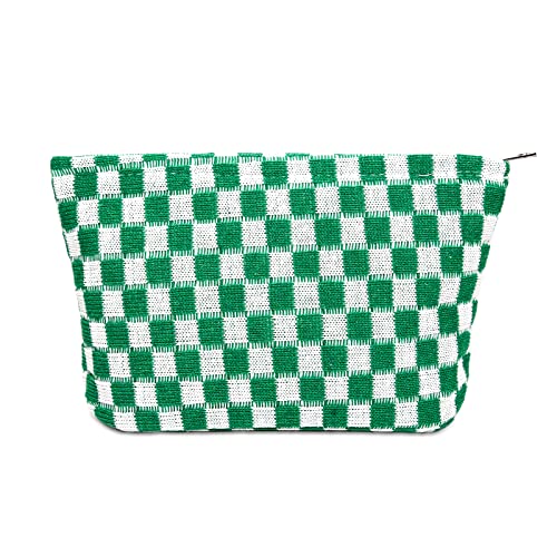 Wovowovo Makeup Bag For Women Checkered Cosmetic Bag Large Capacity Vintage Travel Toiletry Bags Organizer Green #TOP1