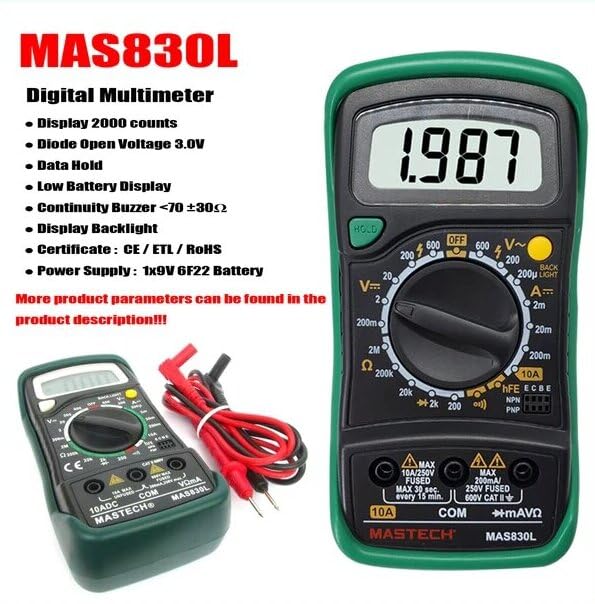 MGL MASTECH MAS830L Digital Multimeter with key features listed