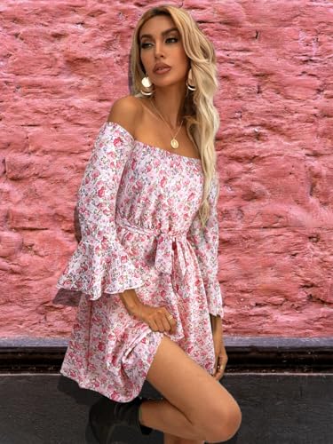 Image of Off Shoulder Ruffle Dress for Women, A-Line Mini Dress with Belt, Fitted Bust Summer Wedding Guest Dress