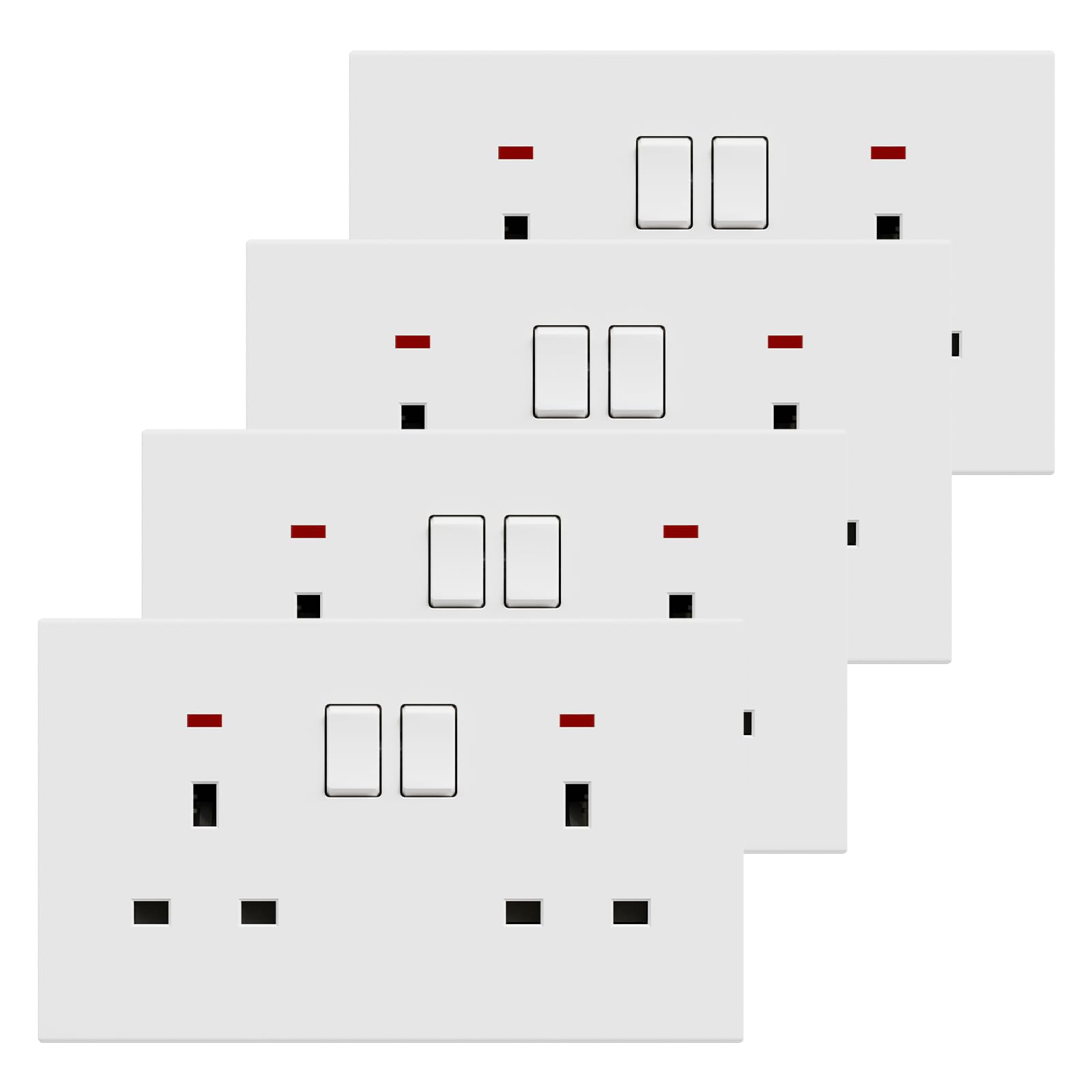 BSEED Double Socket 4 Pack, Electrical Double Switched Power Plug Wall Socket with LED Indicator, PC Wall Plate Outlet, White, 13A