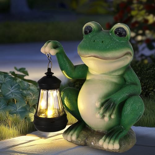 GEOKILO Solar-Gartenstatuen, Dekoration, Outdoor, Frosch-Figuren mit LED-Licht, Terrassen-Harz-Gartendekoration, einzigartige Geburtstags-Hauseinweihungsgeschenke für Frauen, Mutter, Vater