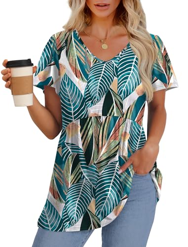Image of OFEEFAN Womens Summer Tops Babydoll Short Sleeve Shirts Puff Sleeve Peplum Tops V Neck T Shirts