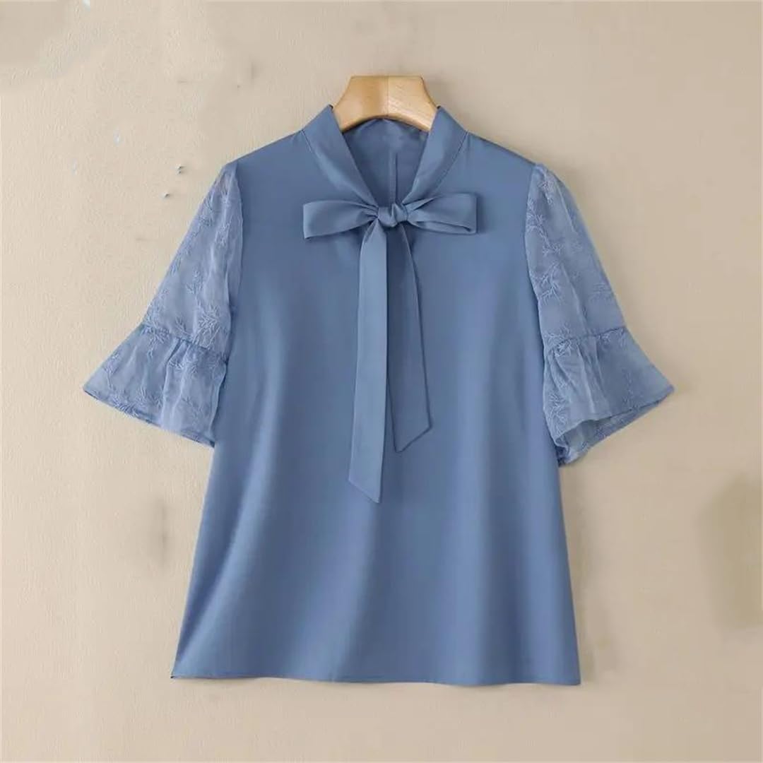 Camicette estive da donna in pizzo patchwork da ufficio eleganti con colletto a fiocco camicia a maniche svasate tinta unita cave top tunica