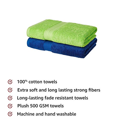 Image of Amazon Brand - Solimo 100% Cotton 2 Piece Bath Towel Set, 500 GSM (Iris Blue and Spring Green)