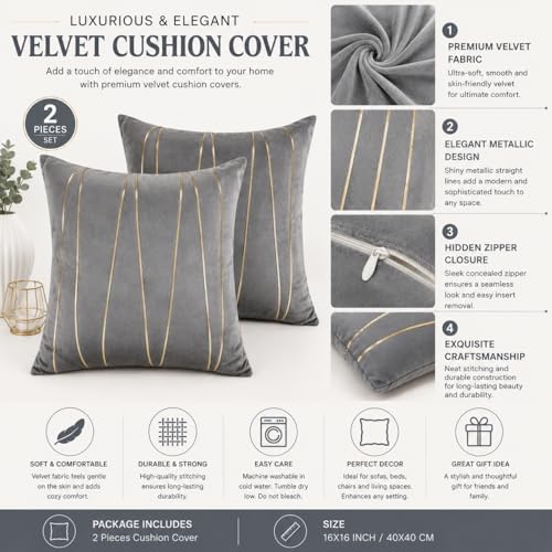 Image of Amazon Brand - Umi Gold Leather Striped Pack of 2 Throw Pillow Covers Velvet Decorative Cushion Covers Cases for Sofa Bedroom Livingroom Car 24 x 24 in Grey Color