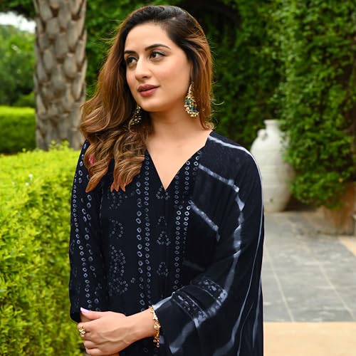 Image of ANNI Designer Women's Rayon Blend Straight Bandhej Printed Kurta with Pant & Dupatta