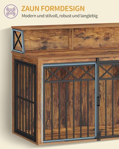 Hzuaneri Hundekäfig Möbel mit Lagerregal, Dreitürige Hundebox für Zuhause, Indoor Kennel mit Scheunentür, Beistelltisch, Geeignet für Mittlere/Große Hunde, 100 x 60 x 86 cm, Vintage Braun DFC87401B