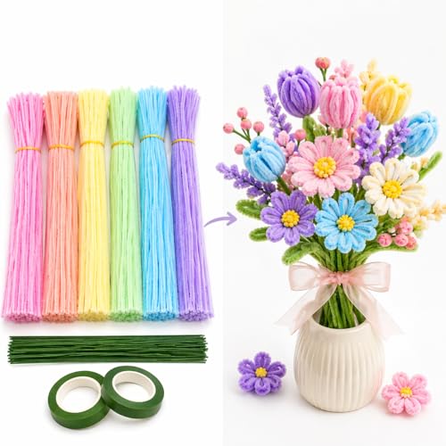 Image of Pipe Cleaners for Craft Flower Making,Fuzzy Chenille Stems and Fluffy Sticks with Floral Tape and Wire, for Kids Arts and Crafts|Random colors (pipe cleaners-200 /stem wire-25 /green tape-4)