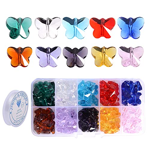 100pcs Crystal Butterfly Beads, 14mm Butterfly Shape Crystal Glass Beads with 10 Mixed Colors for DIY Jewellery Making and Christmas Home Decoration， 6ft Free Elastic Thread