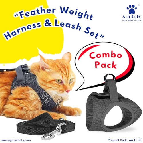 Image of A+a Pets' Feather Weight Cat and Dog Harness & Leash Set - Escape Proof, Adjustable, No Pull, Soft Padded Vest for Persian Cats, Kittens, Small Dogs (Grey, M)