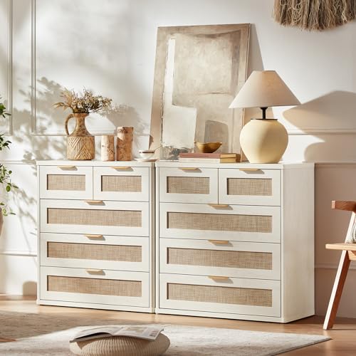 Image of LEYAOYAO White Dresser for Bedroom, 33.5 inch Tall Chest of Drawers, Modern 5 Drawers Boho Rattan Dressers with Storage, Dresser Wooden Closet Organizer for Living Room, Hallway