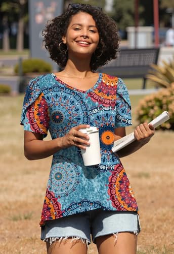 Image of CATHY 2026 Women Tops Summer Short Sleeve Tunic V Neck T-Shirts Loose Casual Floral Blouse S-4XL