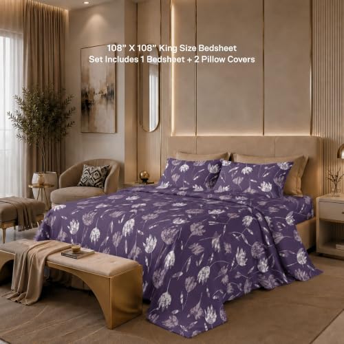 Image of Jaipur Weaves Cotton King Size Bedsheet 108x108 Super King, 100% Pure Cotton Bed Sheet with 2 Pillow Covers, 300 TC Soft Breathable Floral Design Bedding (Purple Tulips, Super King)