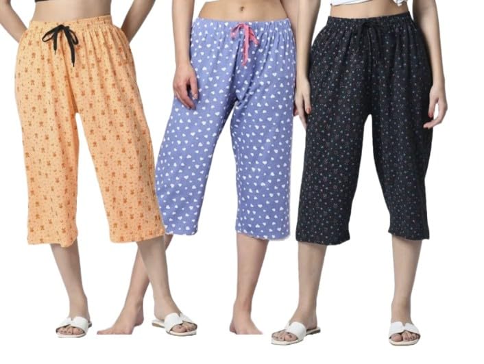 Relaxed Fit Cotton Night Pants Capri Pants for Women, Multicolour, Pack of 3 (Prints and Colors may Vary)-picture-49