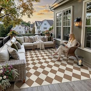 PureCozy 8x10 Brown Checkered Washable Area Rug Indoor Outdoor Non Slip