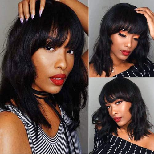 Black Wig Short Curly Wavy Bob Wigs for Women Black Wig with Bangs Shoulder Length Synthetic Cosplay Party Wig Colorful Wigs for Girls (14 inch, black)