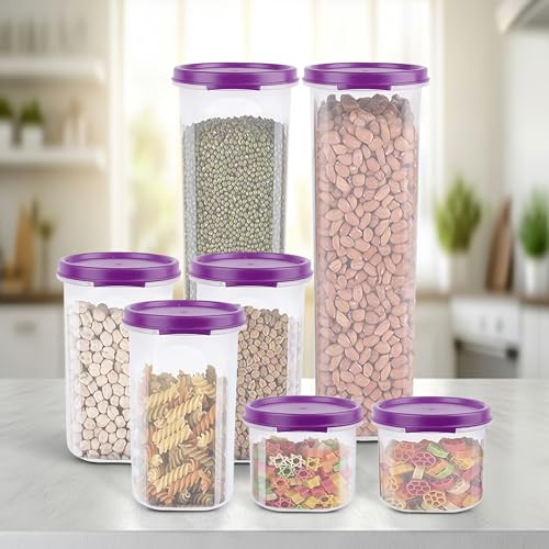 Image of Cutting EDGE Smart Slim Storage Airtight Container-Purple,Set of 7 | Plastic material, size - 2x1.1L+3x585ml+2x250ml , pantry organization, pulses storage, grains storage, kitchen Storage