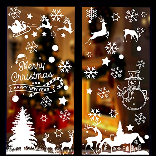 GRACCEE 9 Sheets Christmas Window Clings - Tree Snowman Snowflakes Reindeer Decals for Winter Glass Decoration