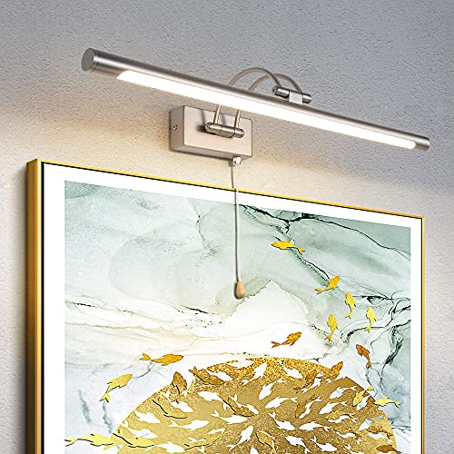 TYhogar 60cm LED Picture Light with Pull Cord Bathroom Mirror Light with Switch for Living Room Adjustable Arm Bedside Reading Lamp Fixtures for Hotel 1320Lm 3000K IP44(Nickel)