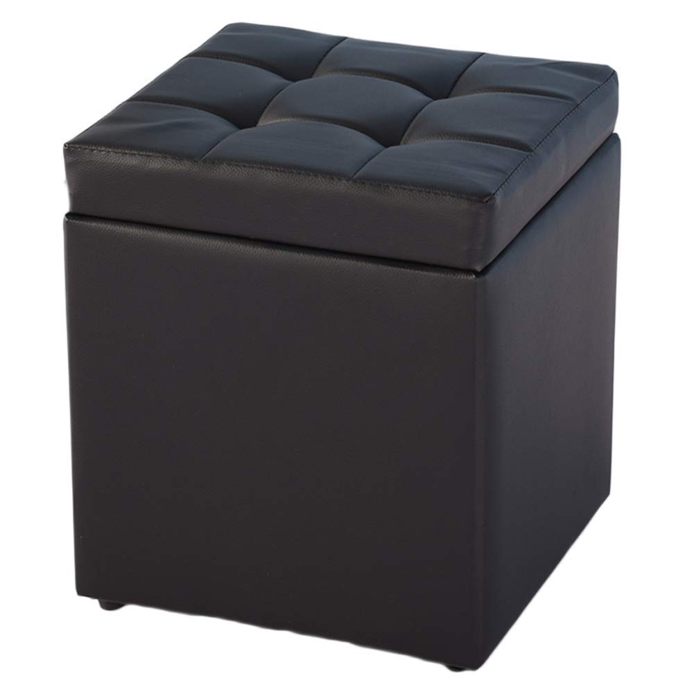 Pouf de rangement carré noir en similicuir 30x30x35cm avec couvercle à charnière pour salon