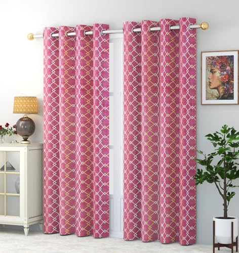 Image of Check Pattern Long Door Curtains for Living Room | Drawing Room Parde | Curtain Panel for Window, Pink Color 9 Feet 2 Pcs Set Curtains