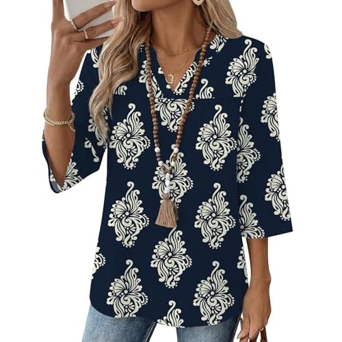 Rapbin Womens 3/4 Sleeve V Neck Boho Pleated Blouses for Women Dressy Casual Loose Fit Tops