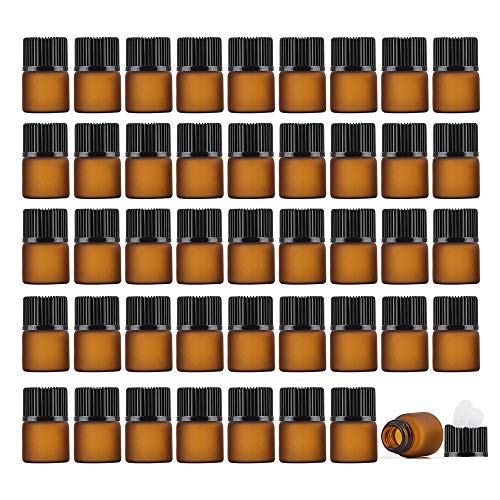 Enslz - Lote de 50 mini frascos vacíos recargables de cristal ámbar para aceites esenciales, color marrón, marrón, 1ml