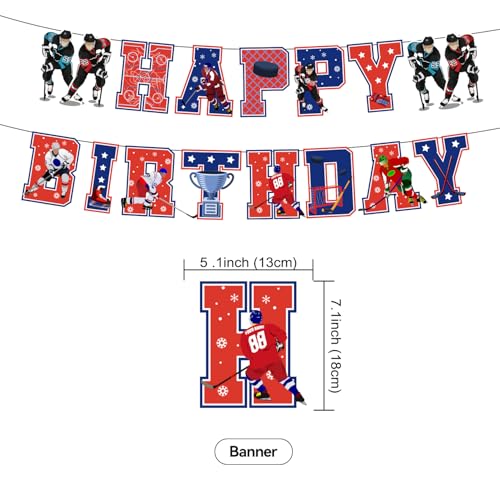 Image of Hockey Birthday Decoration Set, Ice Hockey Sport Happy Birthday Banner, Party Supplies with Banner, Hanging Swirl, Balloon, Cake Topper, Cupcake Topper
