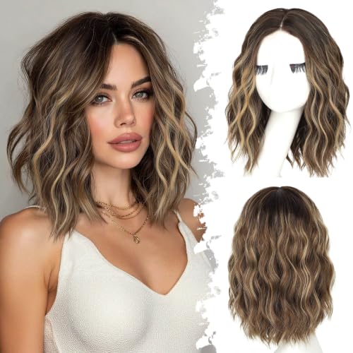Image of Eawwii Wigs for Women Brown Blonde Highlight,Short Wavy Synthetic Lace Wig | Glueless 4x1 Lace Hairline, Heat-Resistant Fiber,Bob Wave Style,Natural Appearance for Everyday Cosplay 14 Inch