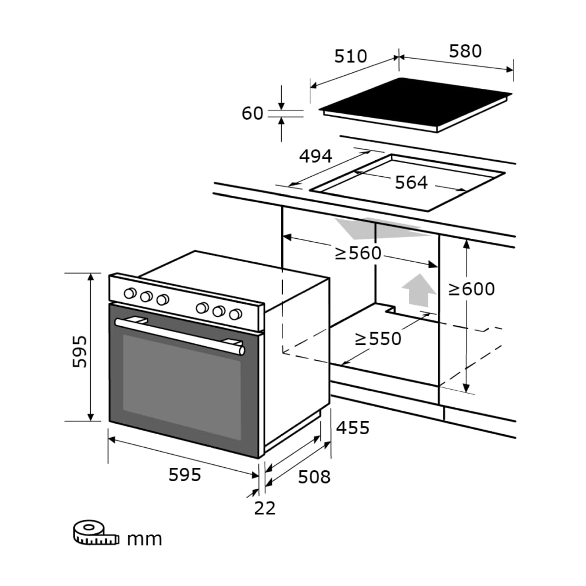 Exquisit Einbauherd-Set EHE10156-U-020 60 cm Inox Glaskeramikkochfeld Umluft Grill 59 l Energieeffizienzklasse A