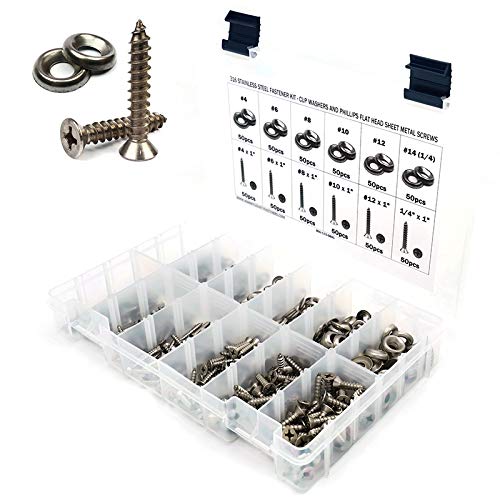 Phillips Flat Head Sheet Metal Screw Assortment Kit with Finishing Cup Washers - 316 Stainless Steel - 601 Pieces