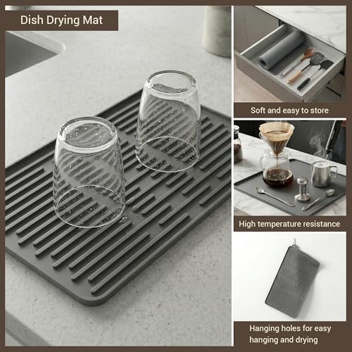 Image of Silicone Coffee Mat for Countertop, 16x16 inch Heat Resistant Espresso Machine Mat, Non-Slip Coffee Bar Mat with Detachable Drying Area and Raised Edge, Waterproof Station Pad - Grey