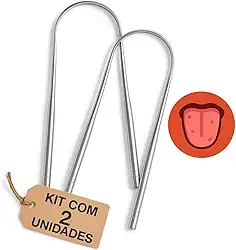 Kit 2 Raspadores de Língua Aço Inoxidável Elimina e Remove o Mau Hálito Toxinas e Resíduos Com Eficiência Fácil de Limpar Super Higiênico Durável Antibacteriano Higiênico Raspador De Lingua Linha Premium