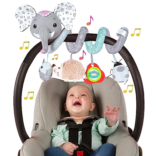 Image of Baby Car Seat Toys, Hanging Stroller Toy for Babies 0-6 Months Infants Activity Spiral Toy with Musical Owl Rattles Hedgehog Beep Ladybug Squeaker - Gray Elephant Toys for Newborn Baby 0 3 6 12 Months