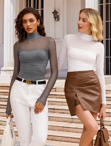 Image of Avidlove Women Long Sleeve Bodysuit Turtle Neck Shapewear Body Suits Mesh One Piece Leotard Shirt Going Out Tops Fall Outfits