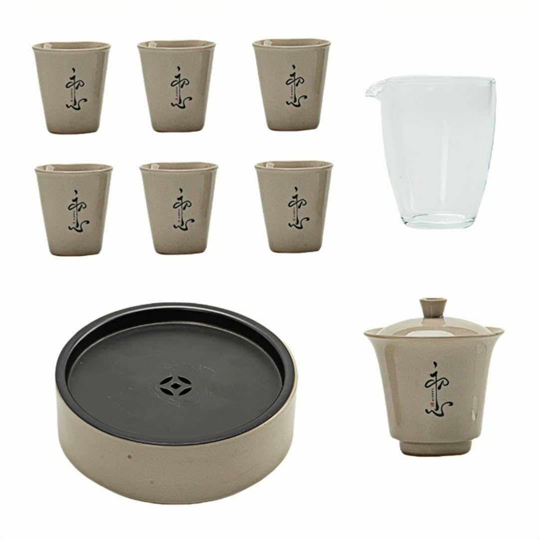 9-Częściowy Chiński Styl Ceramiczny Zestaw Prezentowy Na Herbatę Kung Fu Z Popiołowym Szkliwem, Odpowiedni Do Biura, Domu, Podróży, Na Przyjęcie Biznesowe - Szary