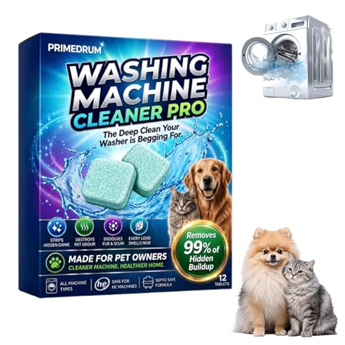 PrimeDrum Washing Machine Cleaner Pro Tablets 12 Pack Enzyme Cleaner Remove Odour & Pet Hair Eliminates Odour Mould Detergent Residue All Washing Machines