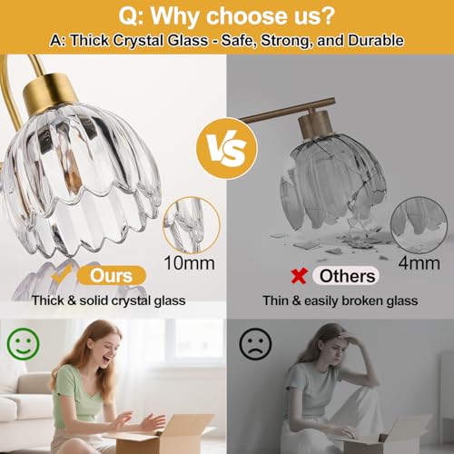 Image of Bathroom Vanity Light (2-Light, 15 in), Brushed Gold Vanity Lights for Bathroom with Ribbed Clear Tulip Glass Shade, Vintage Vanity Wall Lights for Mirror Bedroom Living Room Hallway