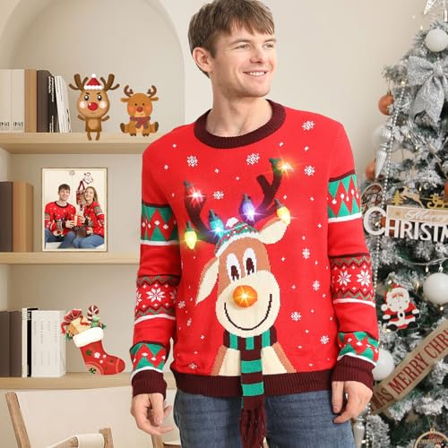 Ugly Christmas Sweater Women Men,Light Up Christmas Sweater for Couples,Funny Cute Reindeer LED Xmas Tacky Sweaters - Image 3