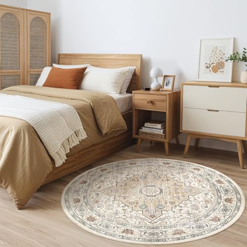 Round Rug Living Room Rugs: 6Ft Washable Boho Neutral Large Circle Soft Indoor Floral Stain Resistant Floor Farmhouse Carpet for Bedroom Nursery Kids Playroom Office Dining Room Dorm Home- Cream Blue