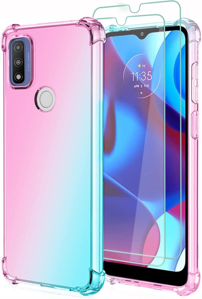 Osophter for Moto G Pure Phone Case,Moto G Pure Case Clear with Screen Protector Reinforced Corners TPU Shock-Absorption Flexible Cell Phone Cover for Motorola G Pure(Pink Teal)