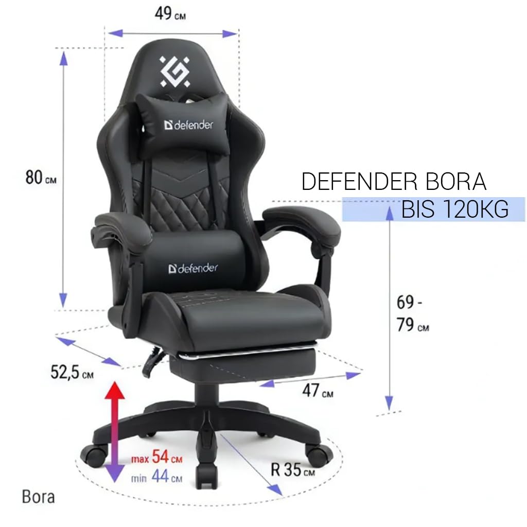 Defender® Gaming Stuhl, Ergonomischer PC Stuhl, bequemer Bürostuhl für Home Office oder Gamer-Sessel, Kopfkissen, Höhenverstellbar, Computerstuhl, PVC-Leder, Schwarz