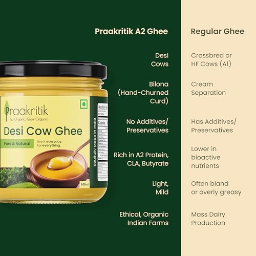 Image of Praakritik Desi Cow Ghee 500 Ml - Premium Pure Ghee, Traditional Method, Authentic Desi Ghee for Cooking, Healthy & Flavorful (Pack of 2)
