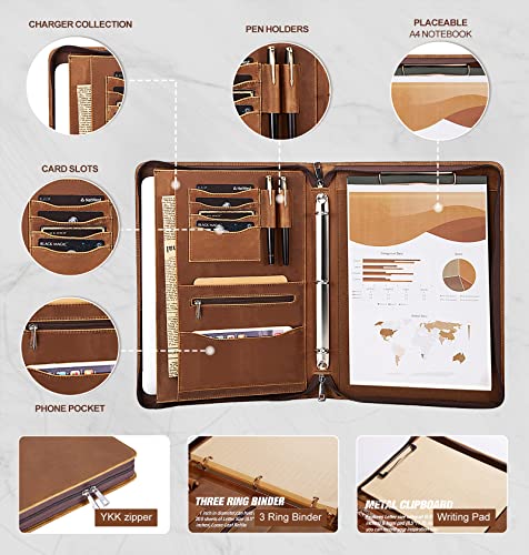 Azxcg Leather Portfolio Binder,3 Ring Binder Padfolio With Zipper Fits Up To 13.3" Laptop, Professional Organizer, Business Folder With Clipboard, Leather Notepad Holder Brown Graduation Gift #TOP2