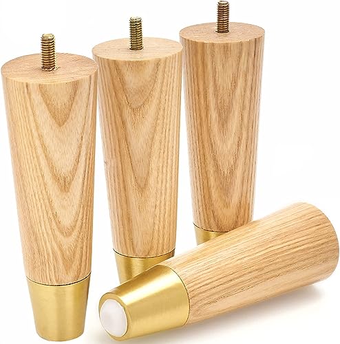 Ash Wood Furniture Legs With Gold Caps - Mid Century Legs For Sofa, Armchair, Cabinet, Chair, Footstool, Bed, Ottoman -Wooden Legs Are Easy To Install & Include Installation Hardware-Set of 4(6 inch)