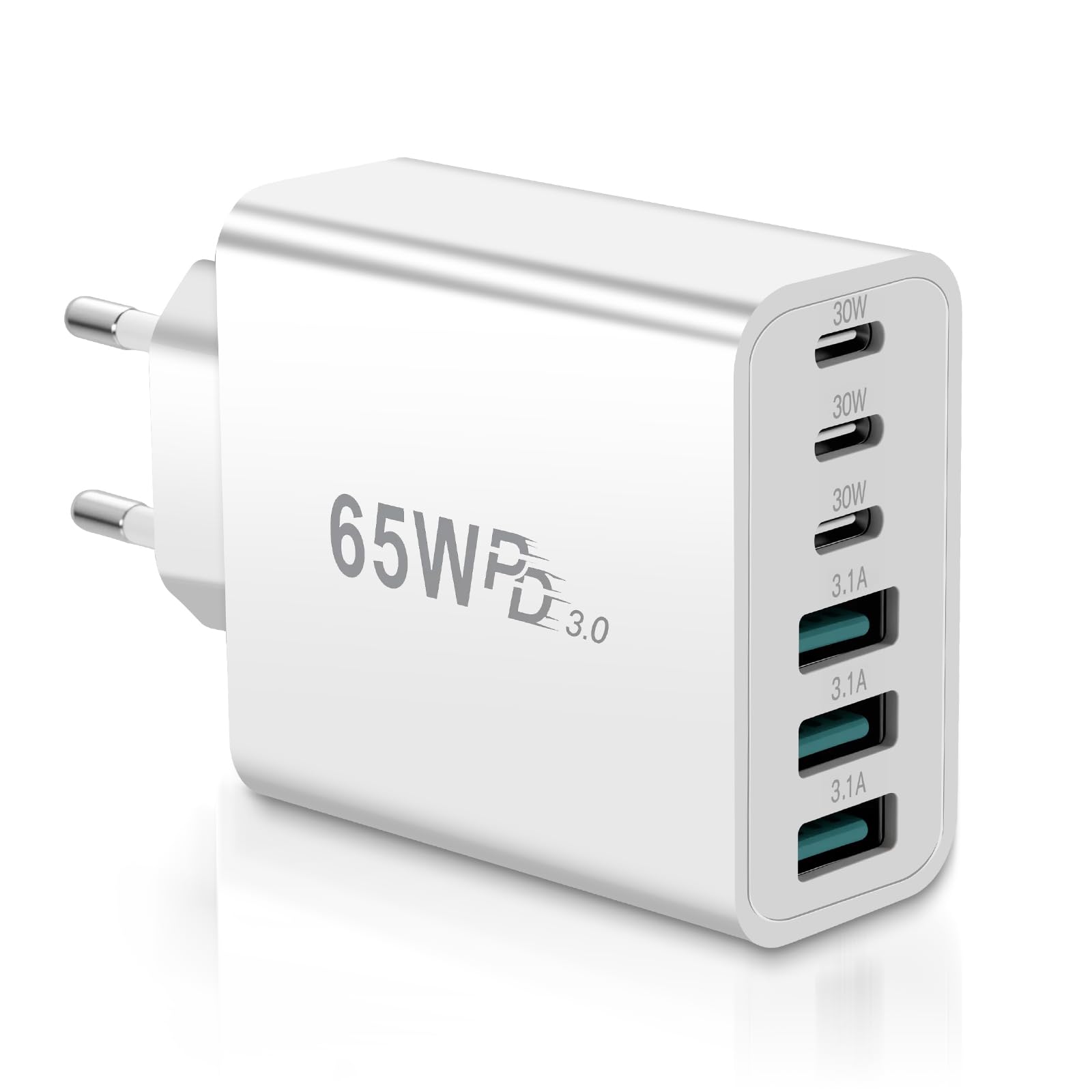 USB C Ladegerät 65W, 6 Ports Schnellladegerät Ladeblock, Mehrfach Stecker Mit Power Adapter (3 USB C+3 USB A) kompatibel mit iPhone 17/16/15/14 Pro Max, iPad, Sam-Sung S24/S23/S22
