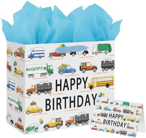 13″ Large Car Happy Birthday Gift Bag for Baby Boy Kids with Tissue Paper and Card (Vehicle)