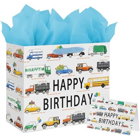 13" Large Car Happy Birthday Gift Bag for Baby Boy Kids with Tissue Paper and Card (Vehicle) Cover